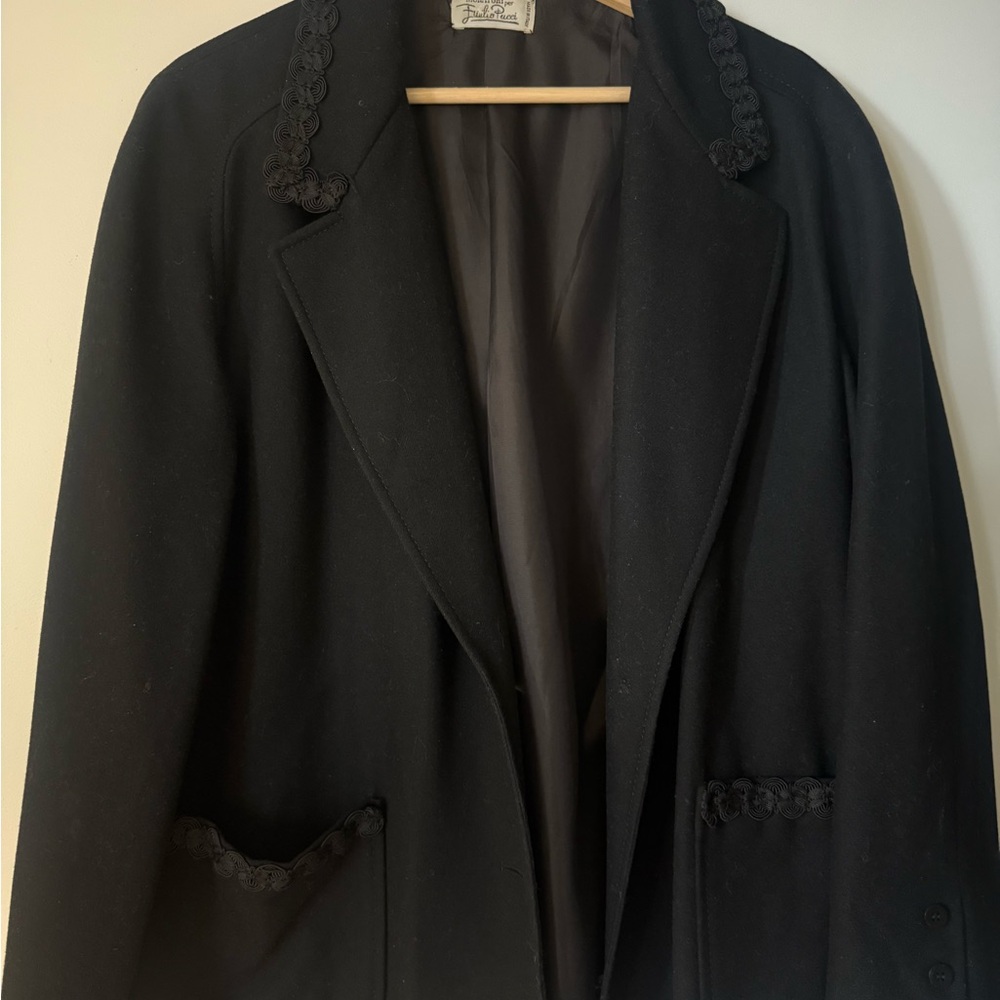 RARE Vintage EMILIO PUCCI Black Wool Blazer Soutache Lace Trim IT 44
